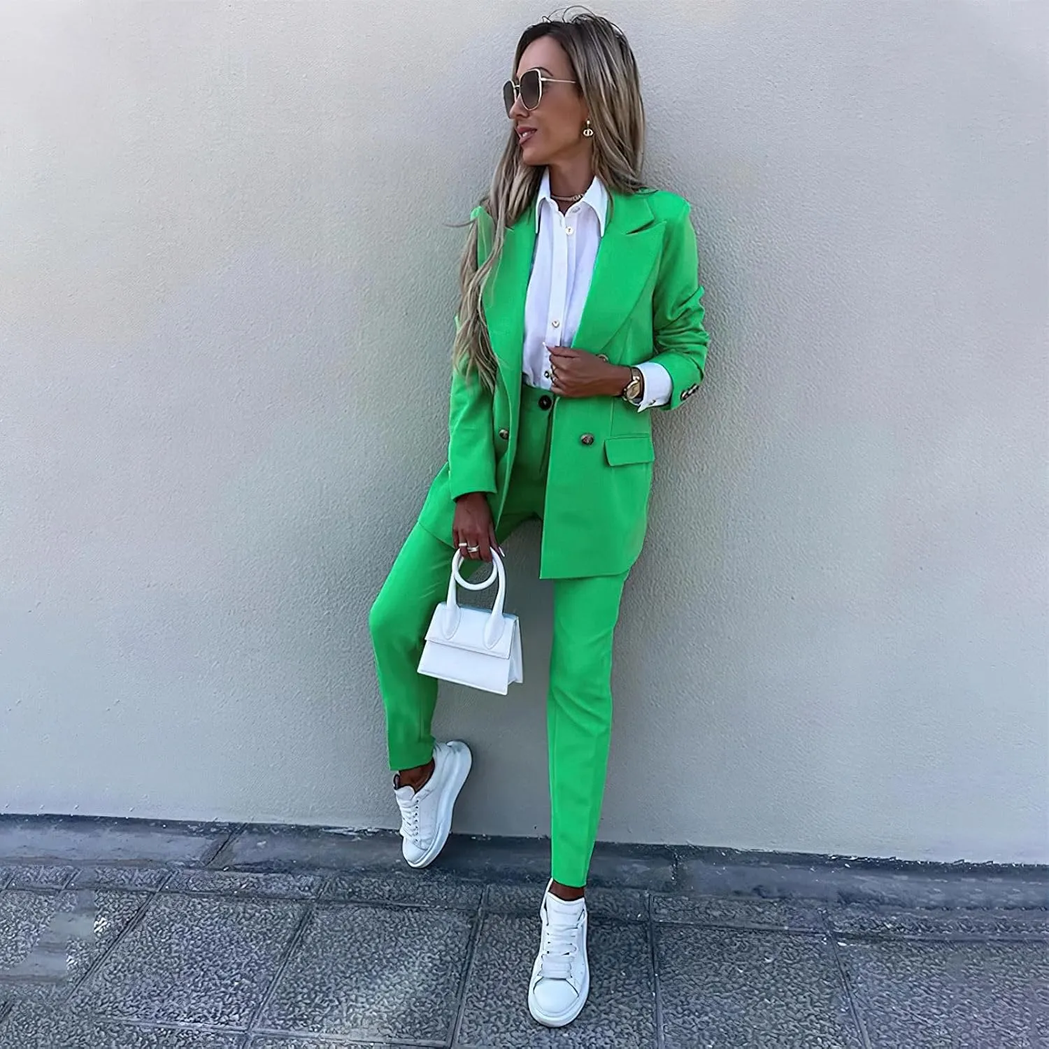 Women's Business Pants Suit with Long Sleeve Buttons Blazer 2 Pieces Office Lady Casual Formal Outfits