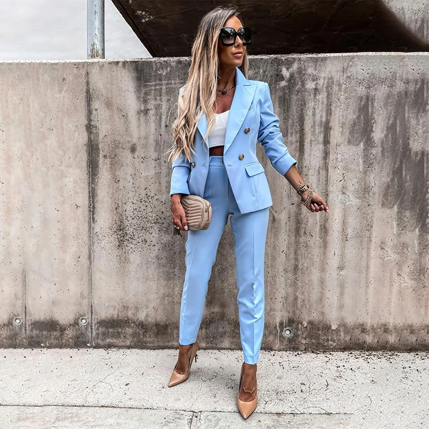 Women's Business Pants Suit with Long Sleeve Buttons Blazer 2 Pieces Office Lady Casual Formal Outfits