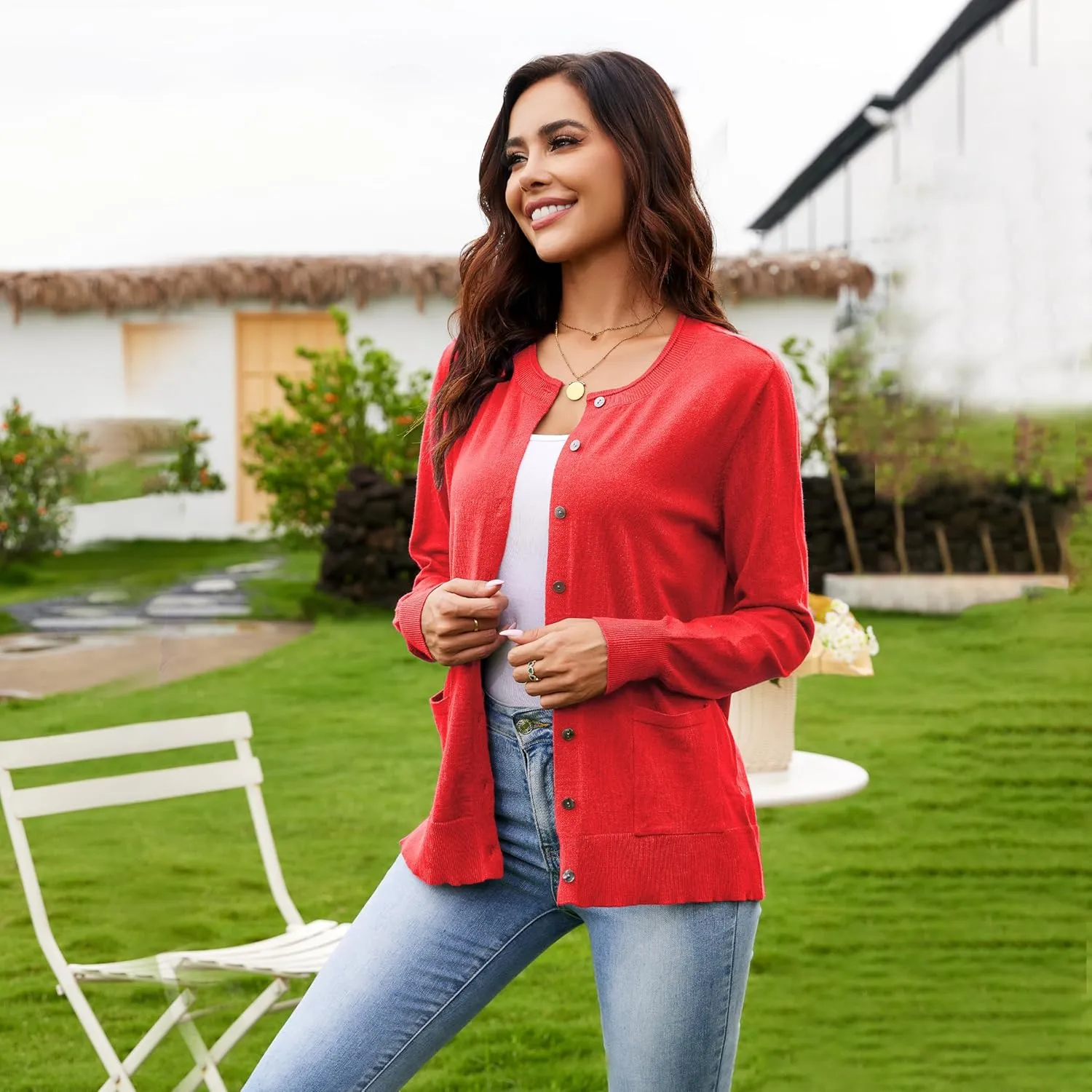 Women's Casual Open Front Button Long Sleeve Knit Pocket Lightweight Cardigan