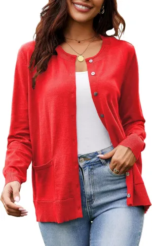 Women's Casual Open Front Button Long Sleeve Knit Pocket Lightweight Cardigan