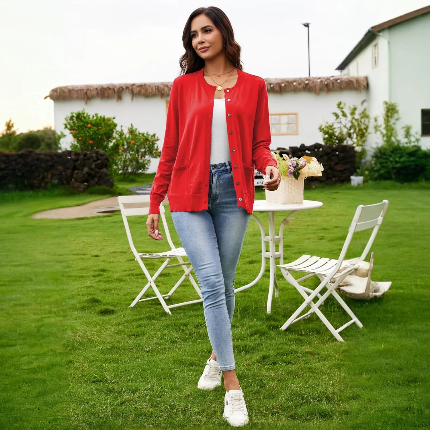 Women's Casual Open Front Button Long Sleeve Knit Pocket Lightweight Cardigan