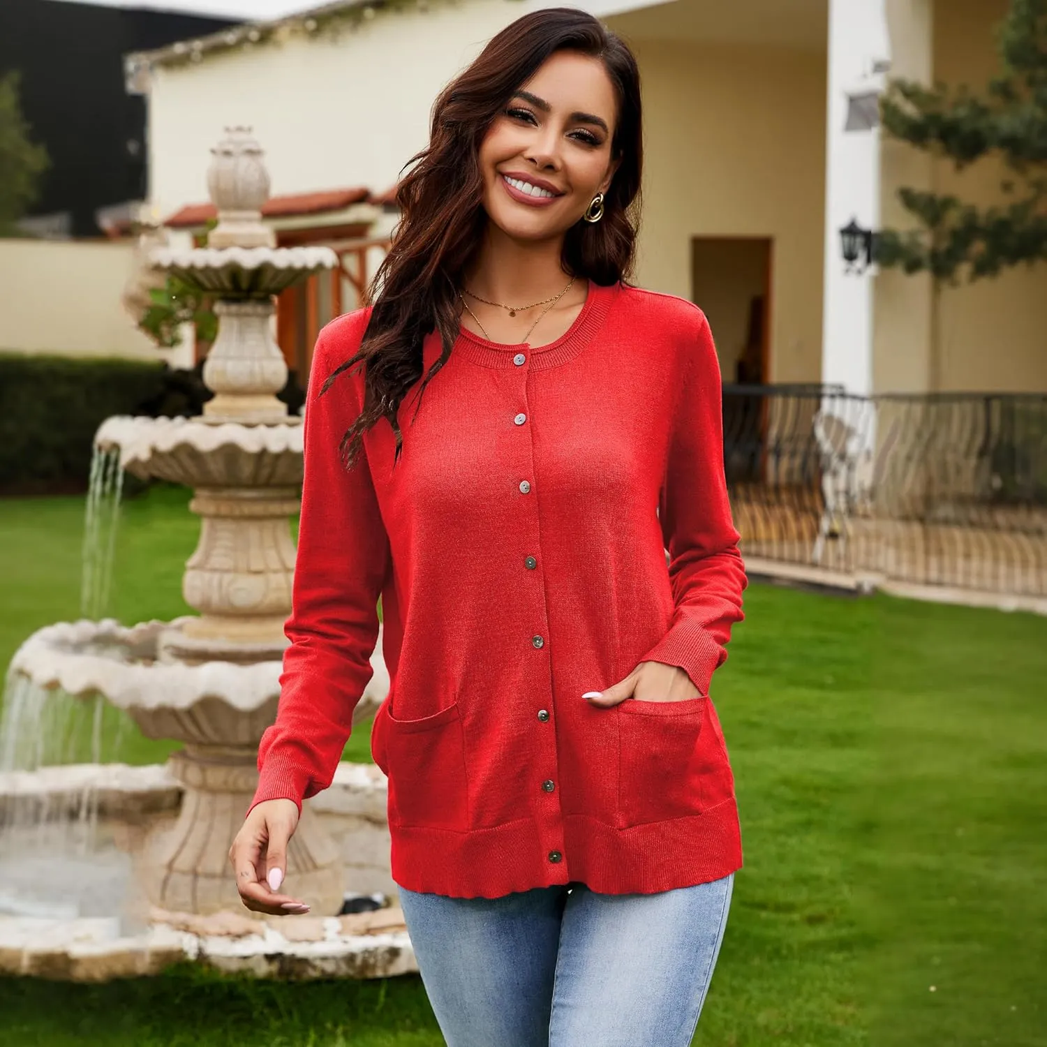 Women's Casual Open Front Button Long Sleeve Knit Pocket Lightweight Cardigan