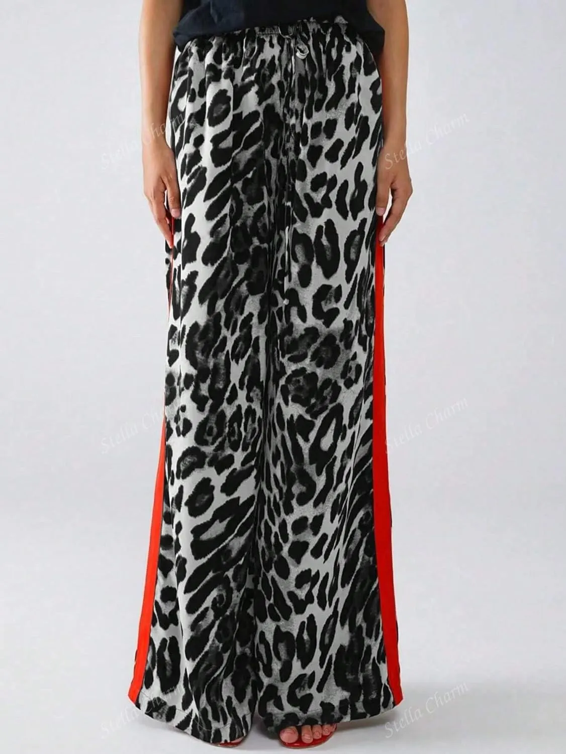 Women's Casual Pants Drawstring Leopard Print Color Block Side Striped Straight Leg Wide Leg Loose Pants