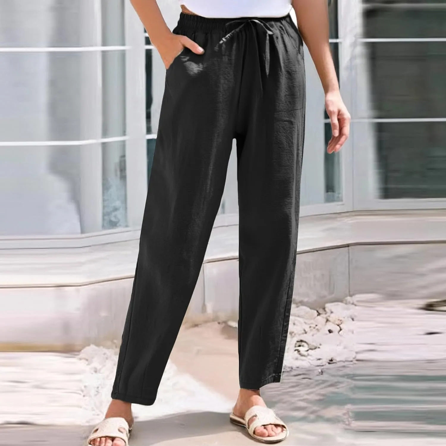 Women's Cotton Linen Straight Leg Pants Elastic Drawstring Casual Trousers with Pockets Summer Pants for Women