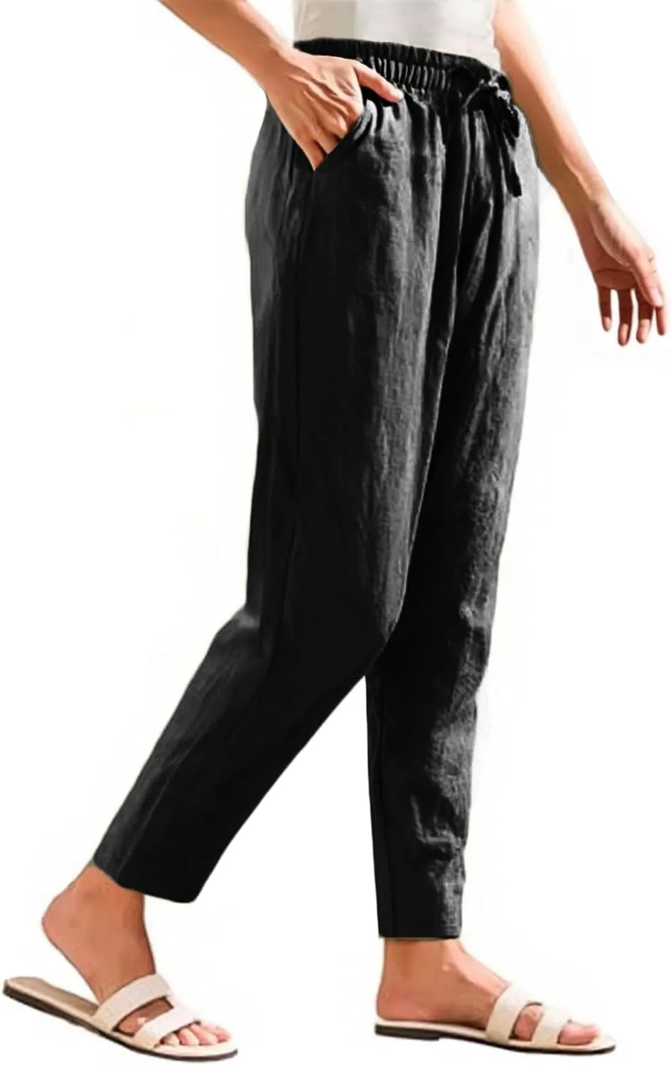 Women's Cotton Linen Straight Leg Pants Elastic Drawstring Casual Trousers with Pockets Summer Pants for Women
