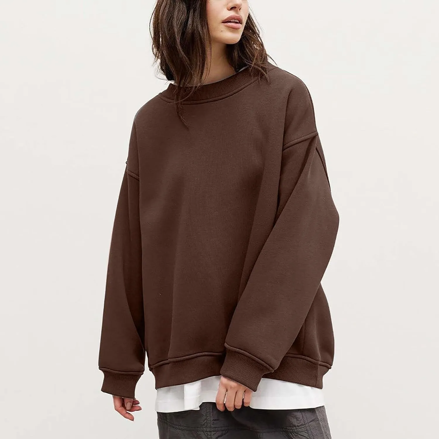 Womens Crew Neck Solid Color Sweatshirts Tops Long Sleeve Casual Pullover Cute Lightweight Loose Tops Fall Winter