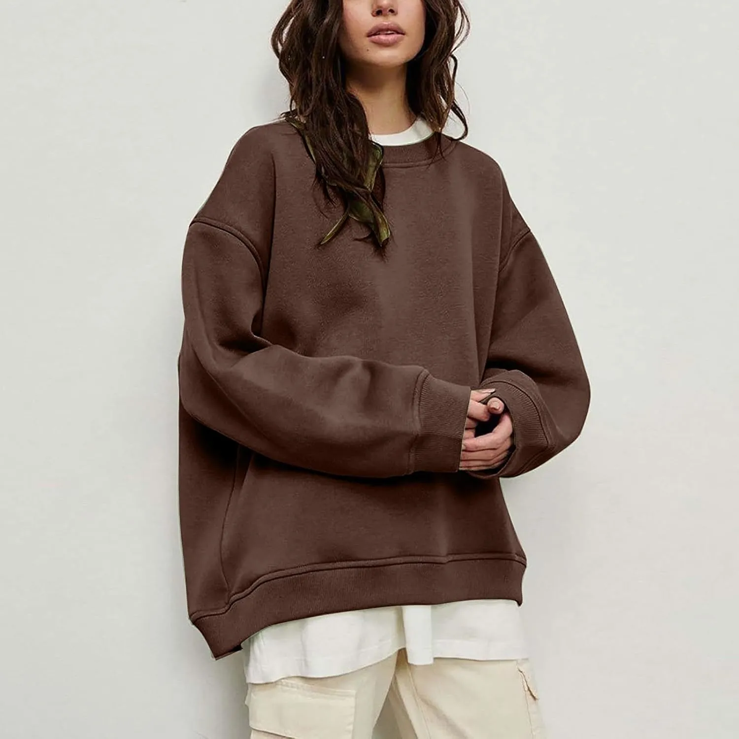 Womens Crew Neck Solid Color Sweatshirts Tops Long Sleeve Casual Pullover Cute Lightweight Loose Tops Fall Winter