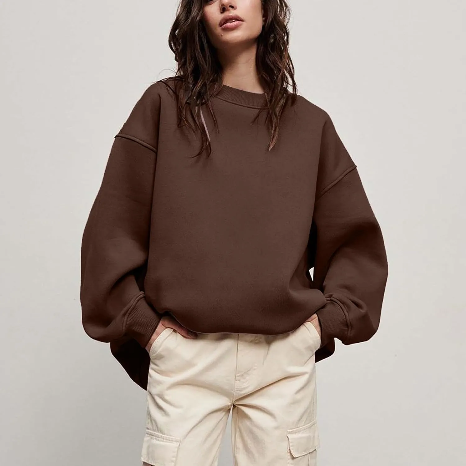 Womens Crew Neck Solid Color Sweatshirts Tops Long Sleeve Casual Pullover Cute Lightweight Loose Tops Fall Winter