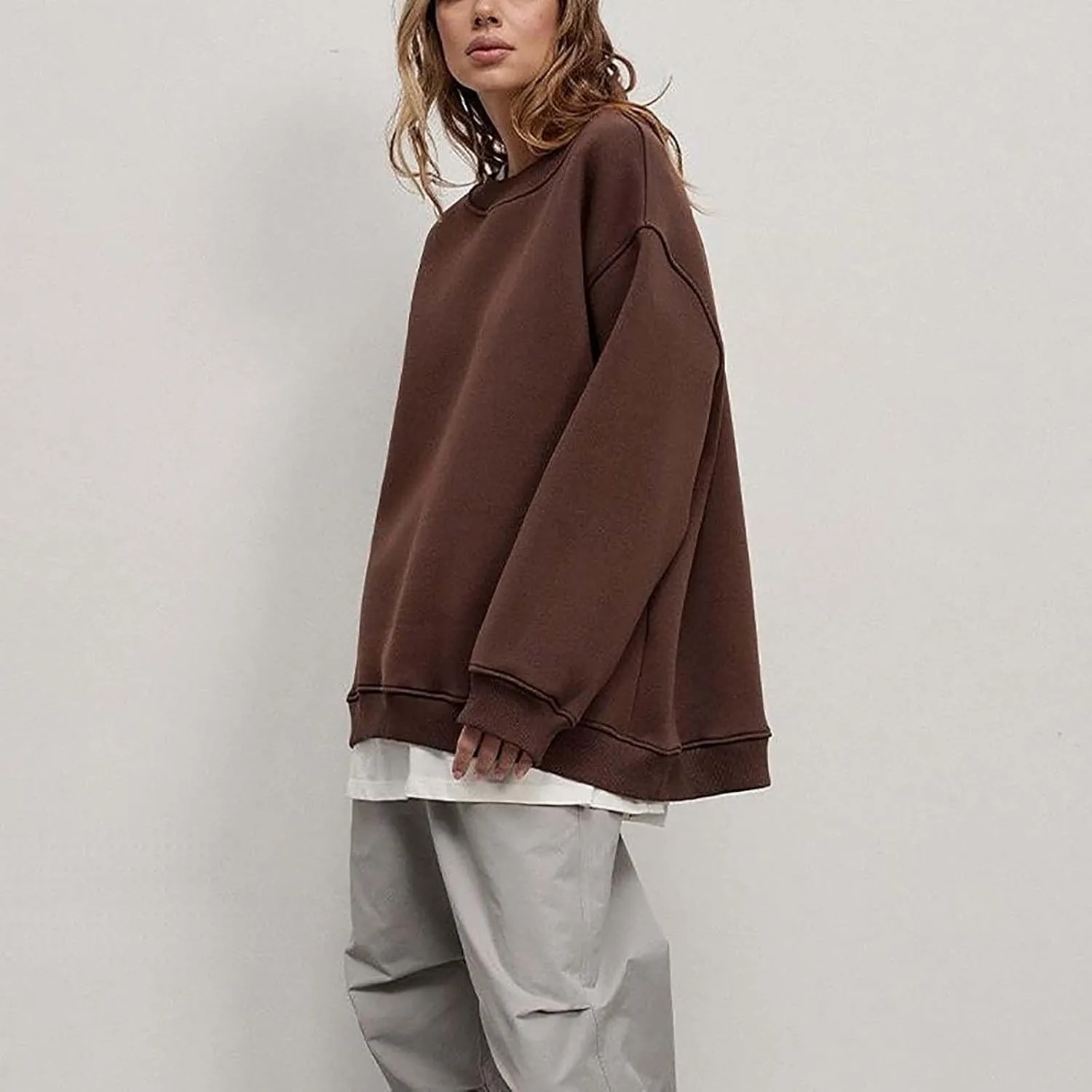 Womens Crew Neck Solid Color Sweatshirts Tops Long Sleeve Casual Pullover Cute Lightweight Loose Tops Fall Winter