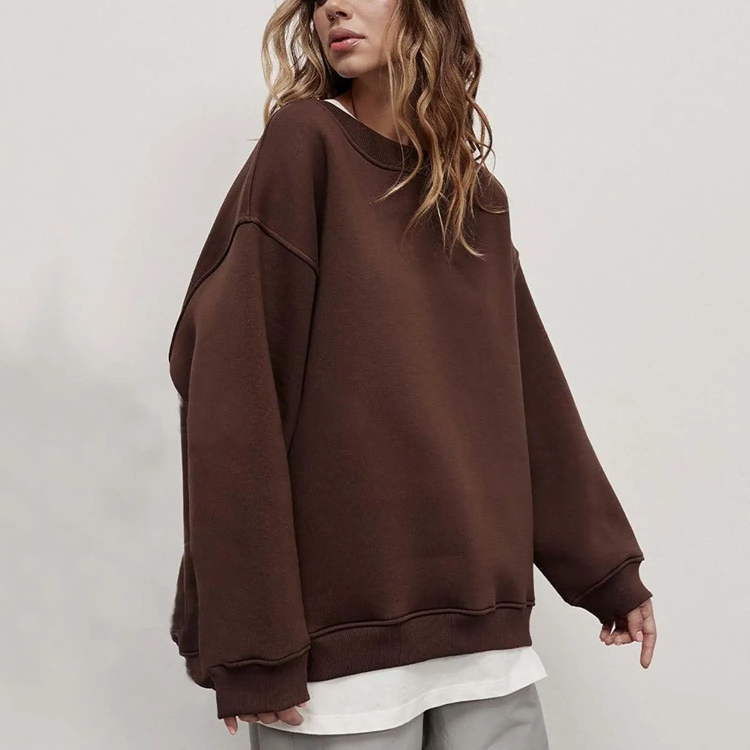 Womens Crew Neck Solid Color Sweatshirts Tops Long Sleeve Casual Pullover Cute Lightweight Loose Tops Fall Winter