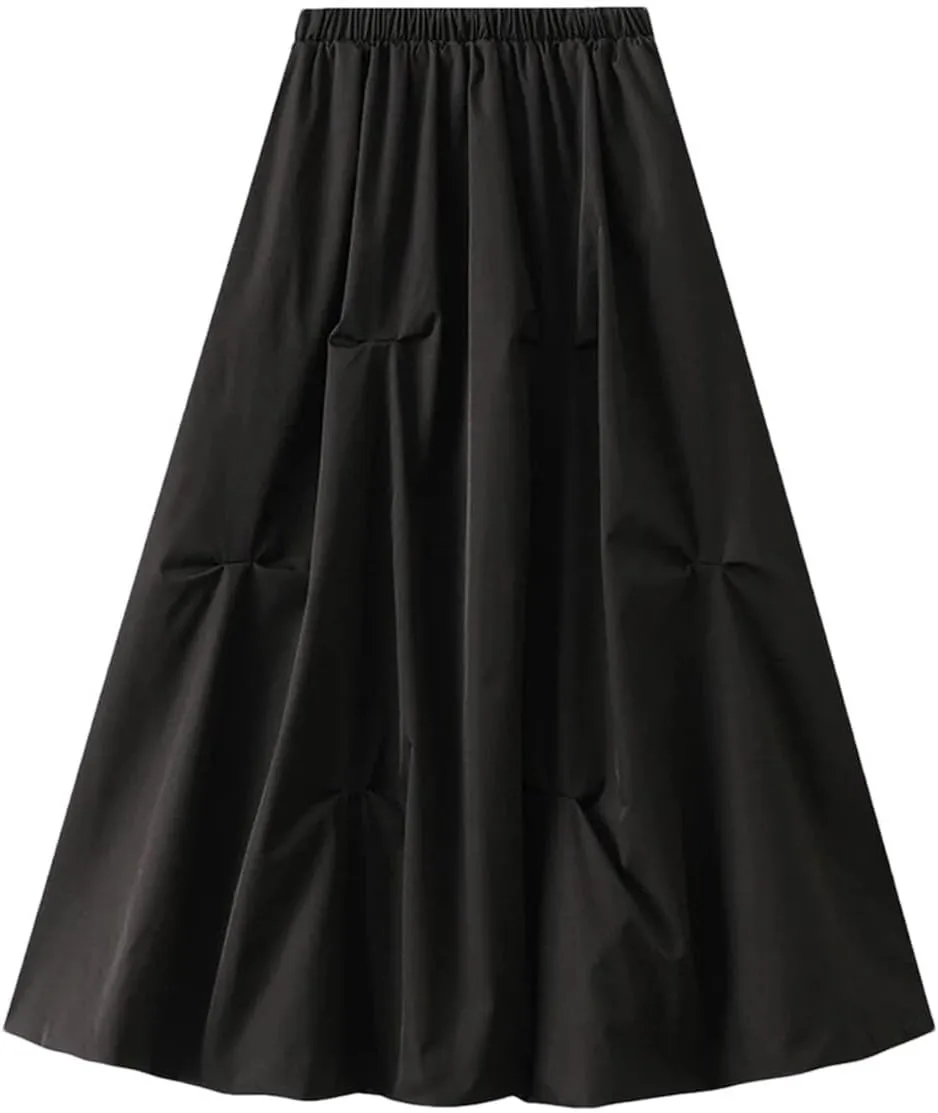 Women's Elasticated High Waist Midi Skirt Summer Pleated Work Office A-line Skirt