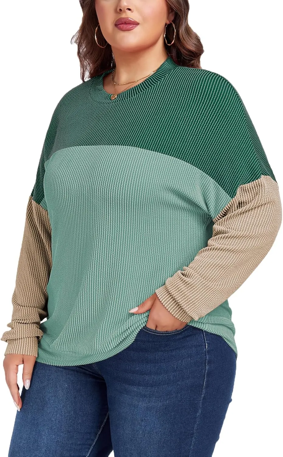 Womens Fashion 2024 Color Block Long Sleeve Crewneck Knitted Casual Loose Pullover Shirts Tops XL-5XL