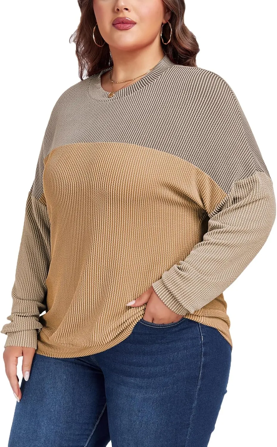 Womens Fashion 2024 Color Block Long Sleeve Crewneck Knitted Casual Loose Pullover Shirts Tops XL-5XL