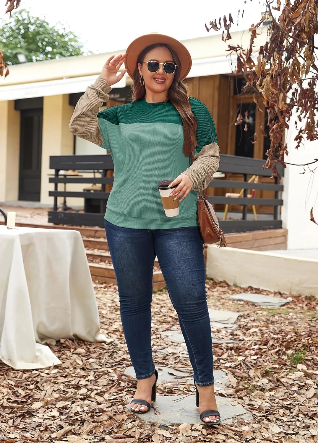 Womens Fashion 2024 Color Block Long Sleeve Crewneck Knitted Casual Loose Pullover Shirts Tops XL-5XL