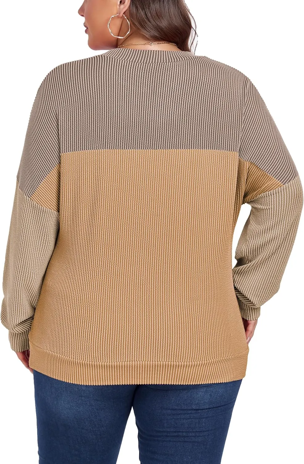 Womens Fashion 2024 Color Block Long Sleeve Crewneck Knitted Casual Loose Pullover Shirts Tops XL-5XL