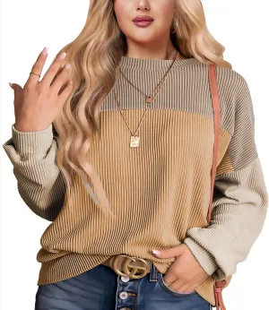 Womens Fashion 2024 Color Block Long Sleeve Crewneck Knitted Casual Loose Pullover Shirts Tops XL-5XL