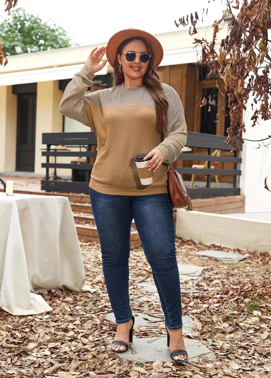 Womens Fashion 2024 Color Block Long Sleeve Crewneck Knitted Casual Loose Pullover Shirts Tops XL-5XL