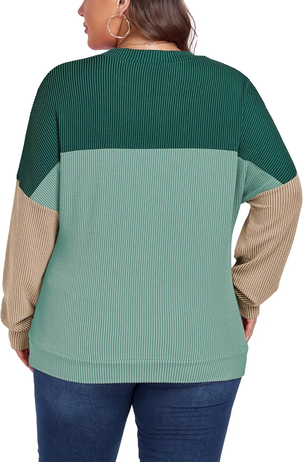 Womens Fashion 2024 Color Block Long Sleeve Crewneck Knitted Casual Loose Pullover Shirts Tops XL-5XL