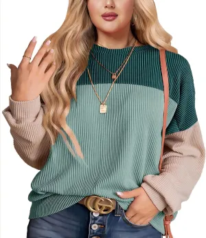 Womens Fashion 2024 Color Block Long Sleeve Crewneck Knitted Casual Loose Pullover Shirts Tops XL-5XL