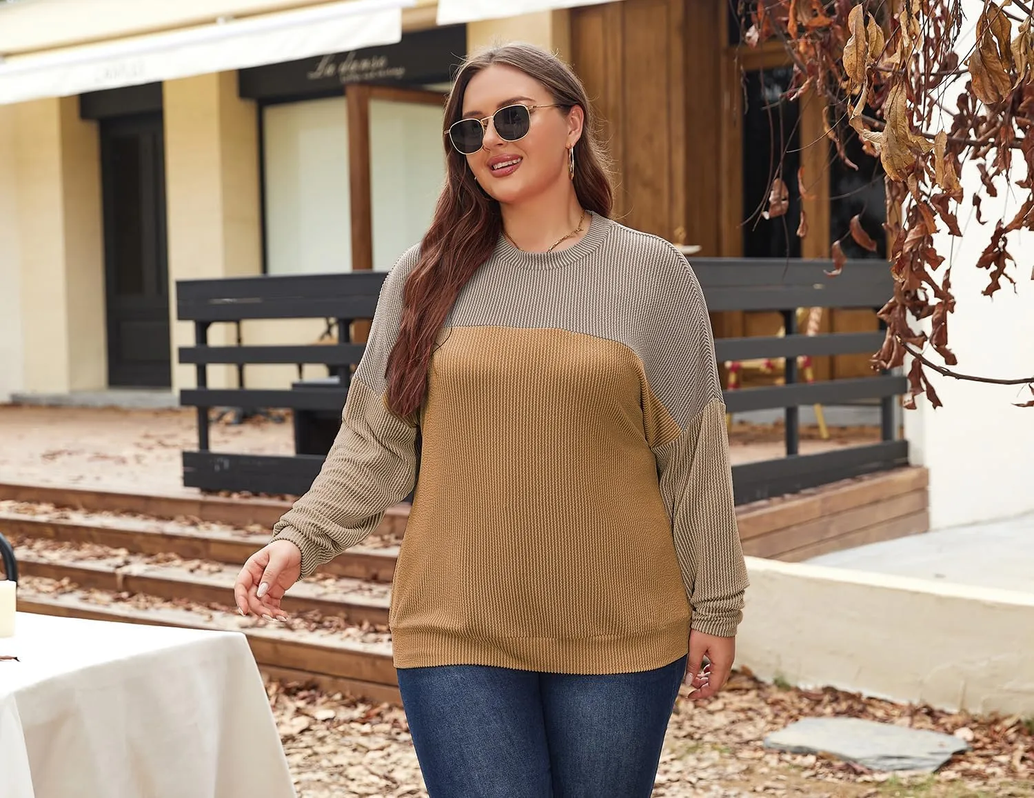 Womens Fashion 2024 Color Block Long Sleeve Crewneck Knitted Casual Loose Pullover Shirts Tops XL-5XL
