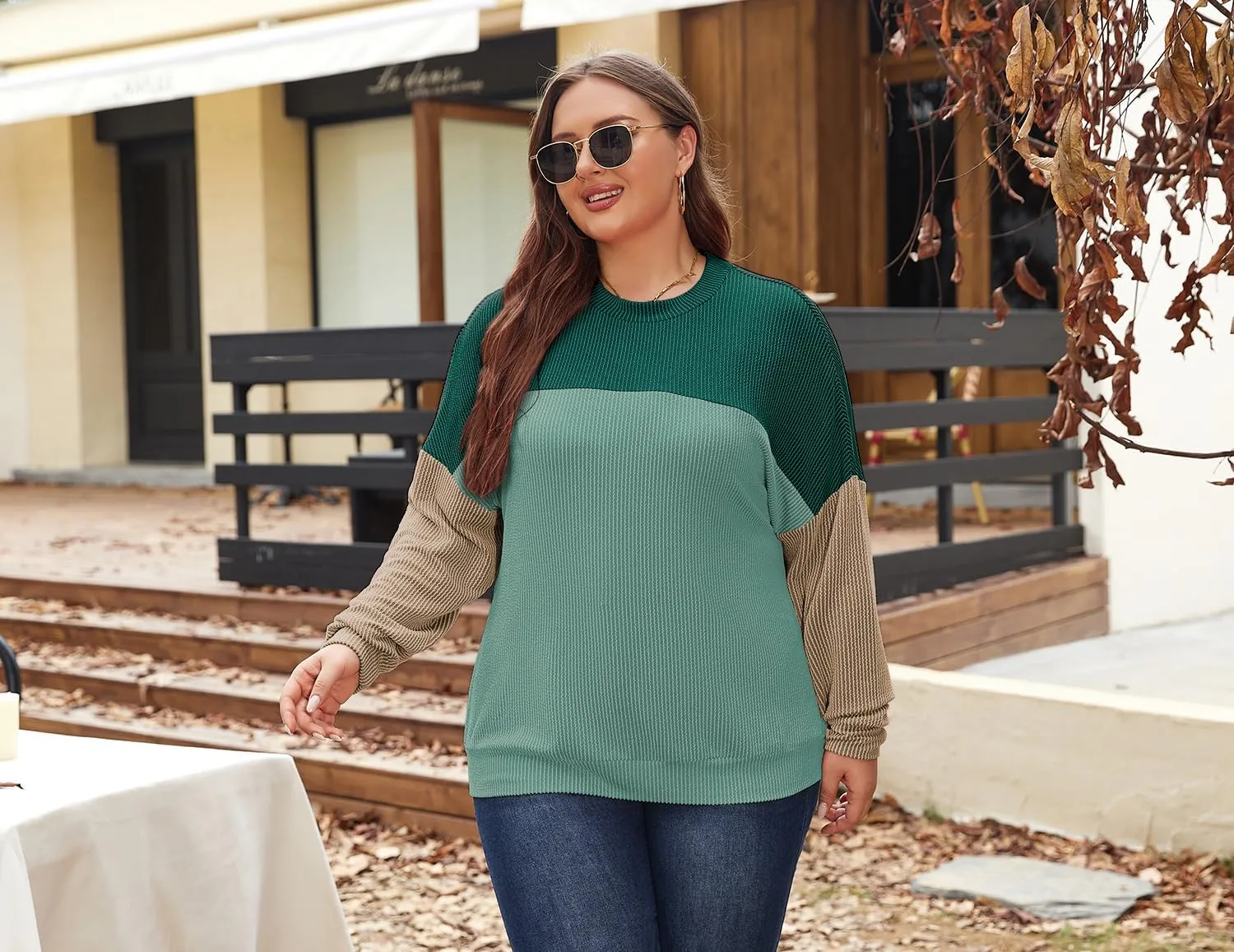 Womens Fashion 2024 Color Block Long Sleeve Crewneck Knitted Casual Loose Pullover Shirts Tops XL-5XL