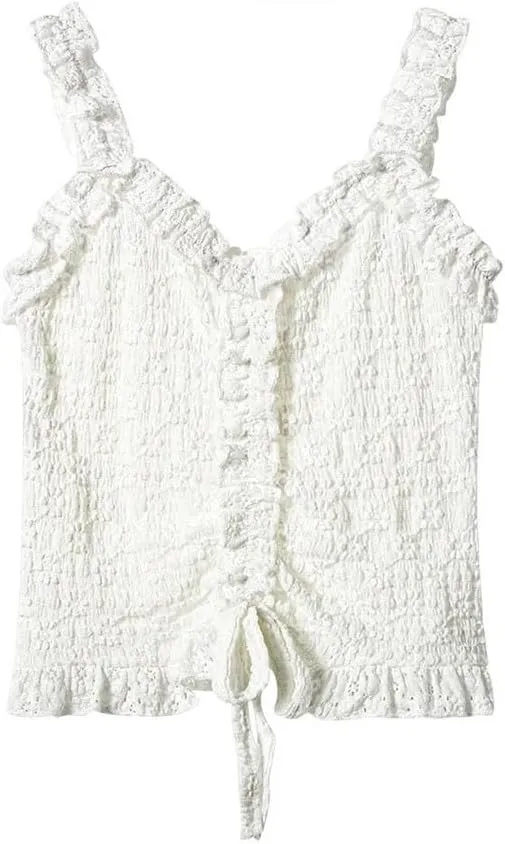 Women's French Sweet Ruffle Drawstring Camisole V-Neck Sleeveless Short Slimming Suspender Tops