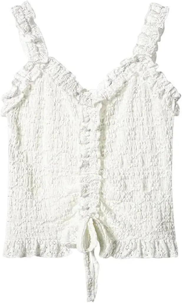 Women's French Sweet Ruffle Drawstring Camisole V-Neck Sleeveless Short Slimming Suspender Tops