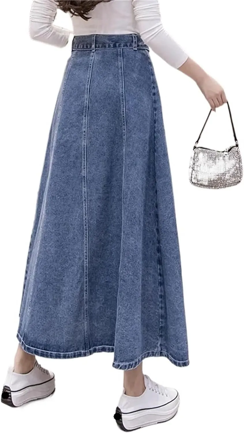Women's High Waisted Denim Skirt Vintage Belt Large Swing A-line Umbrella Skirt