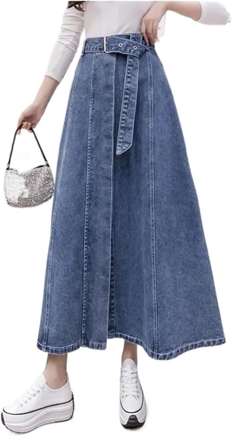 Women's High Waisted Denim Skirt Vintage Belt Large Swing A-line Umbrella Skirt