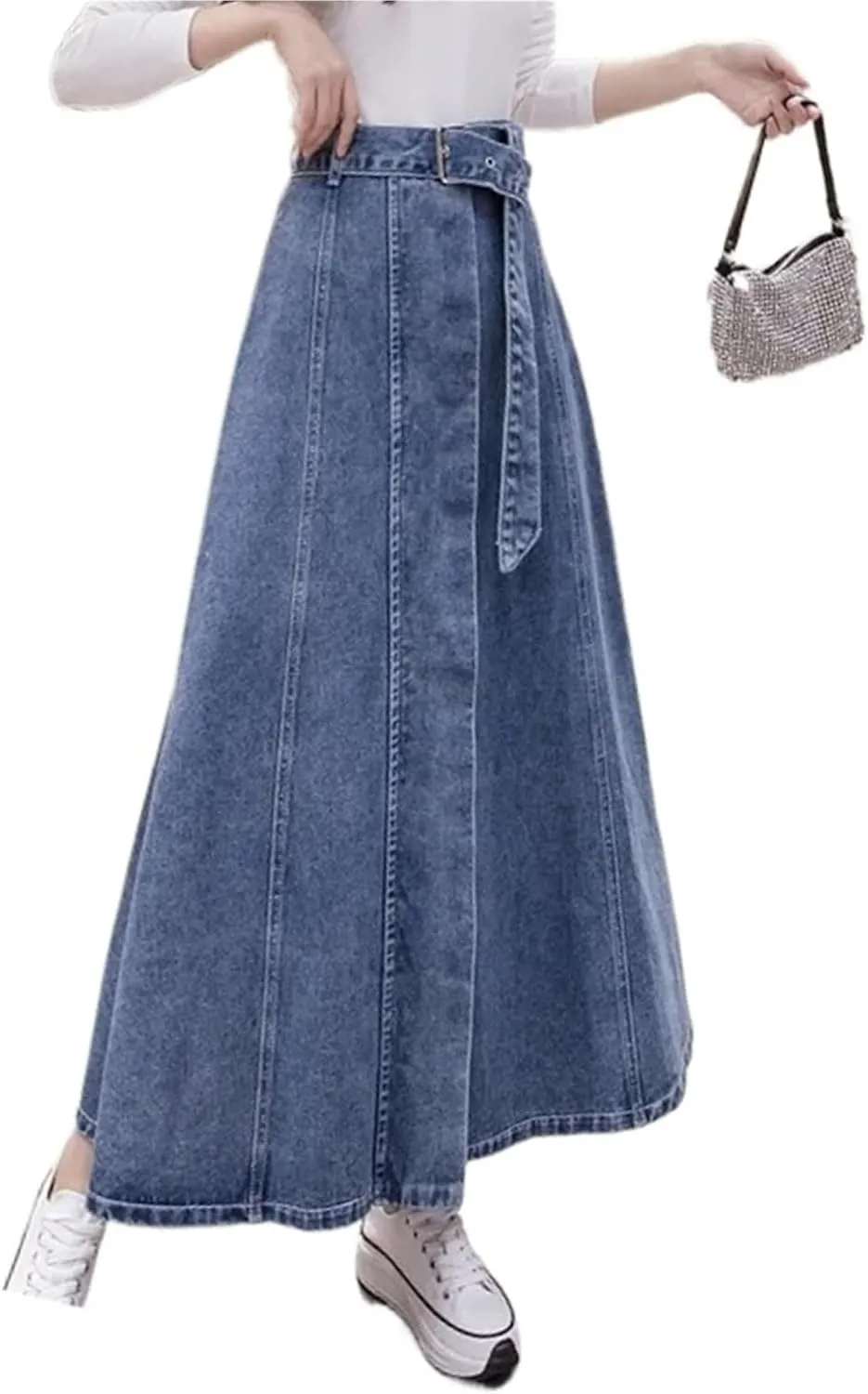 Women's High Waisted Denim Skirt Vintage Belt Large Swing A-line Umbrella Skirt
