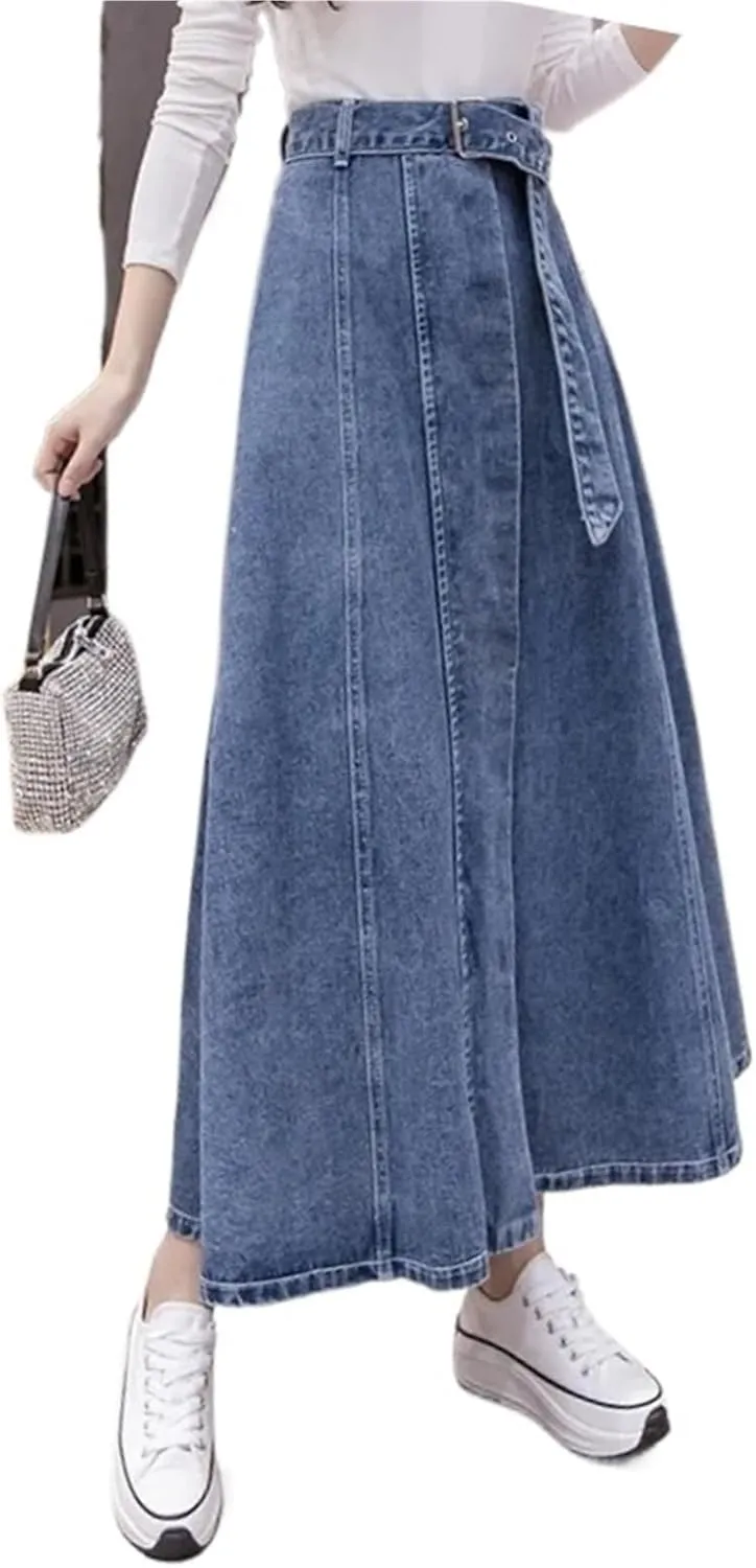 Women's High Waisted Denim Skirt Vintage Belt Large Swing A-line Umbrella Skirt