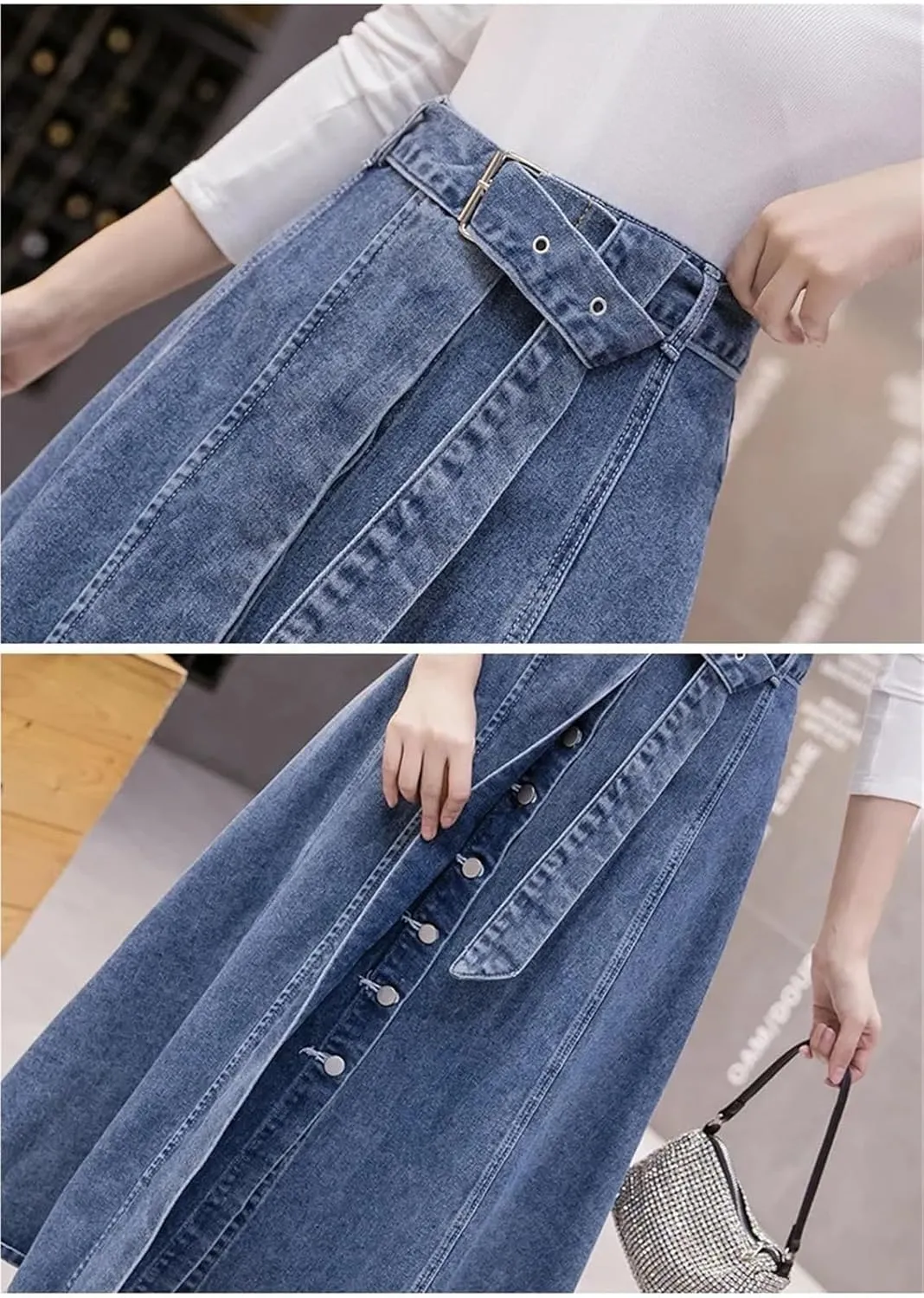 Women's High Waisted Denim Skirt Vintage Belt Large Swing A-line Umbrella Skirt