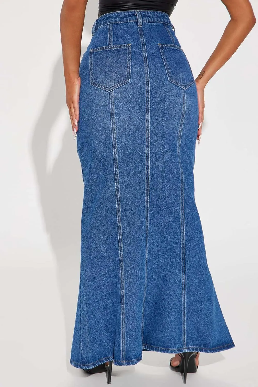 Women's High Waisted Flared Long Denim Skirt Patchwork Casual A-Line Maxi Jean Skirts with Pockets