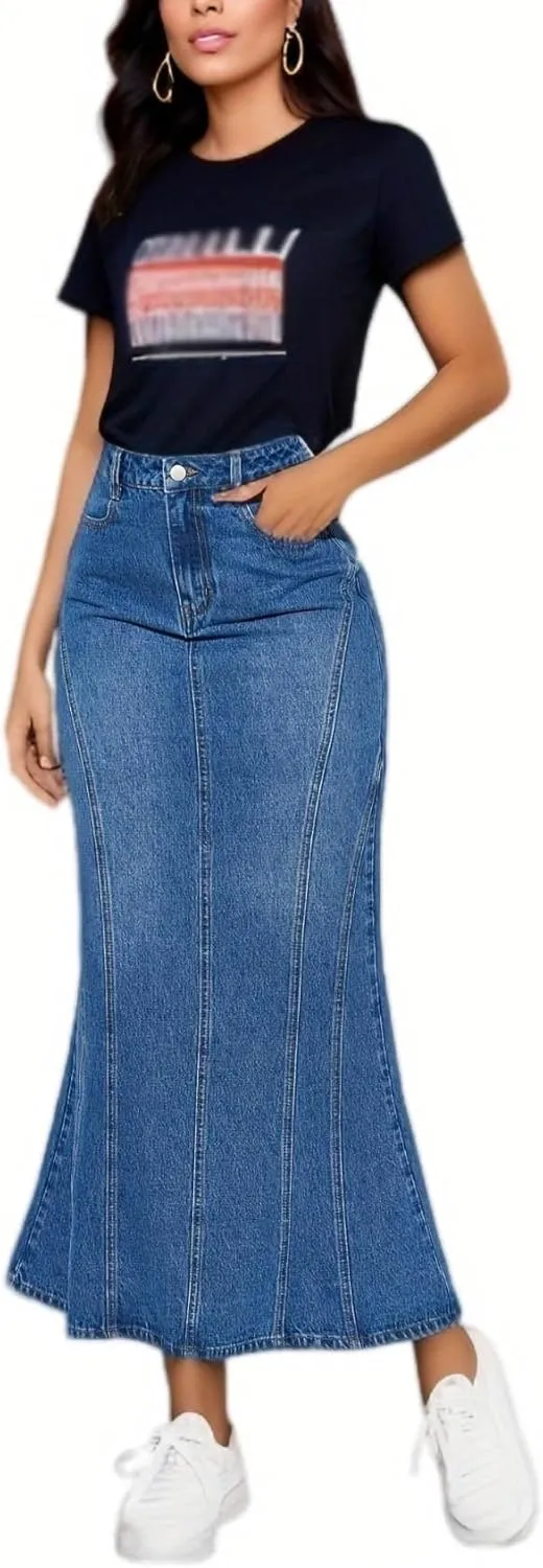 Women's High Waisted Flared Long Denim Skirt Patchwork Casual A-Line Maxi Jean Skirts with Pockets