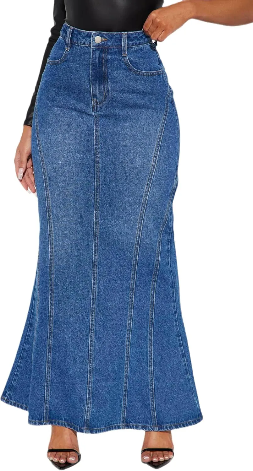 Women's High Waisted Flared Long Denim Skirt Patchwork Casual A-Line Maxi Jean Skirts with Pockets