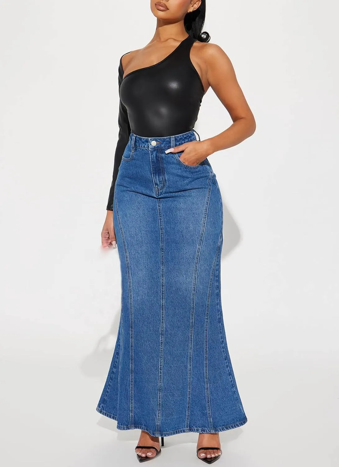 Women's High Waisted Flared Long Denim Skirt Patchwork Casual A-Line Maxi Jean Skirts with Pockets