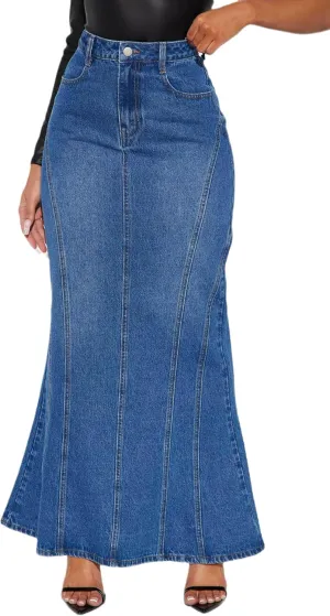Women's High Waisted Flared Long Denim Skirt Patchwork Casual A-Line Maxi Jean Skirts with Pockets