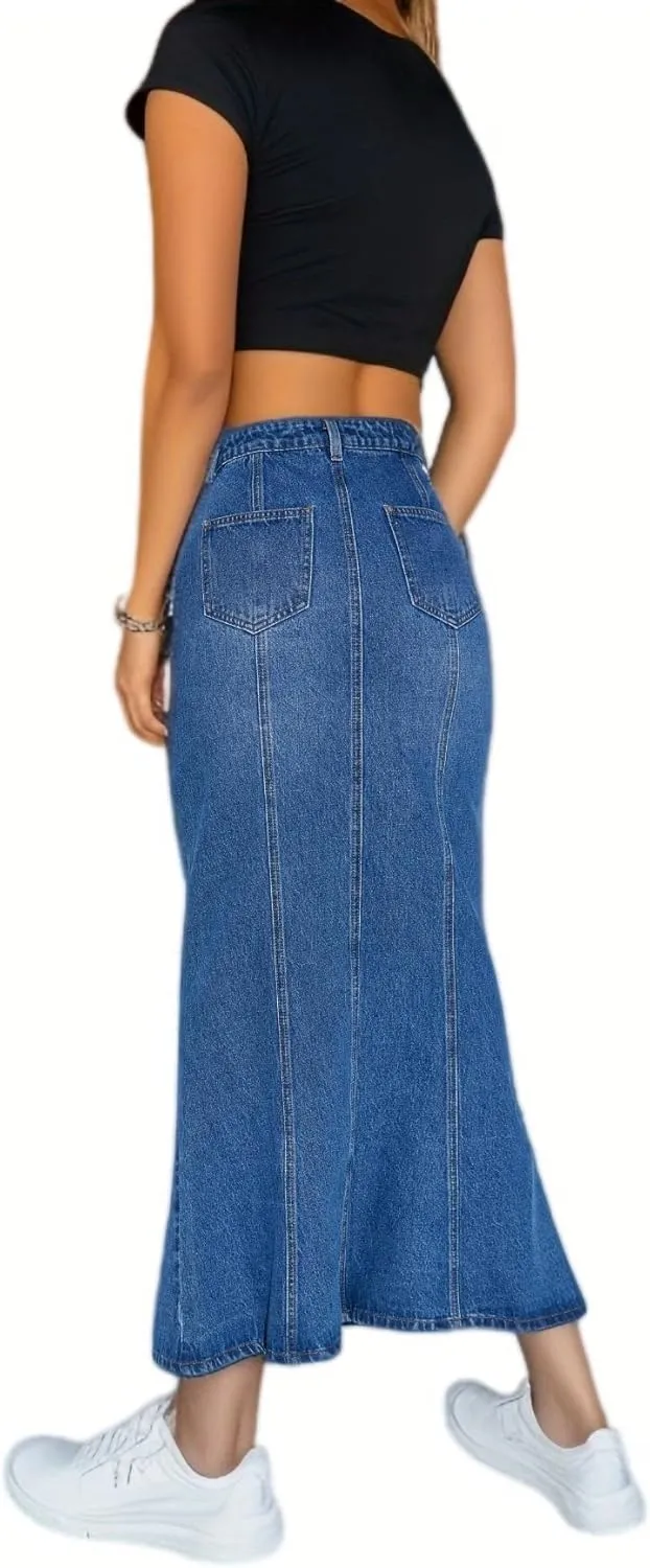 Women's High Waisted Flared Long Denim Skirt Patchwork Casual A-Line Maxi Jean Skirts with Pockets