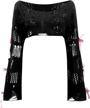 Women's Hollow Out Ripped Bow Sweater Bell Long Sleeve Cropped Crochet Shrug