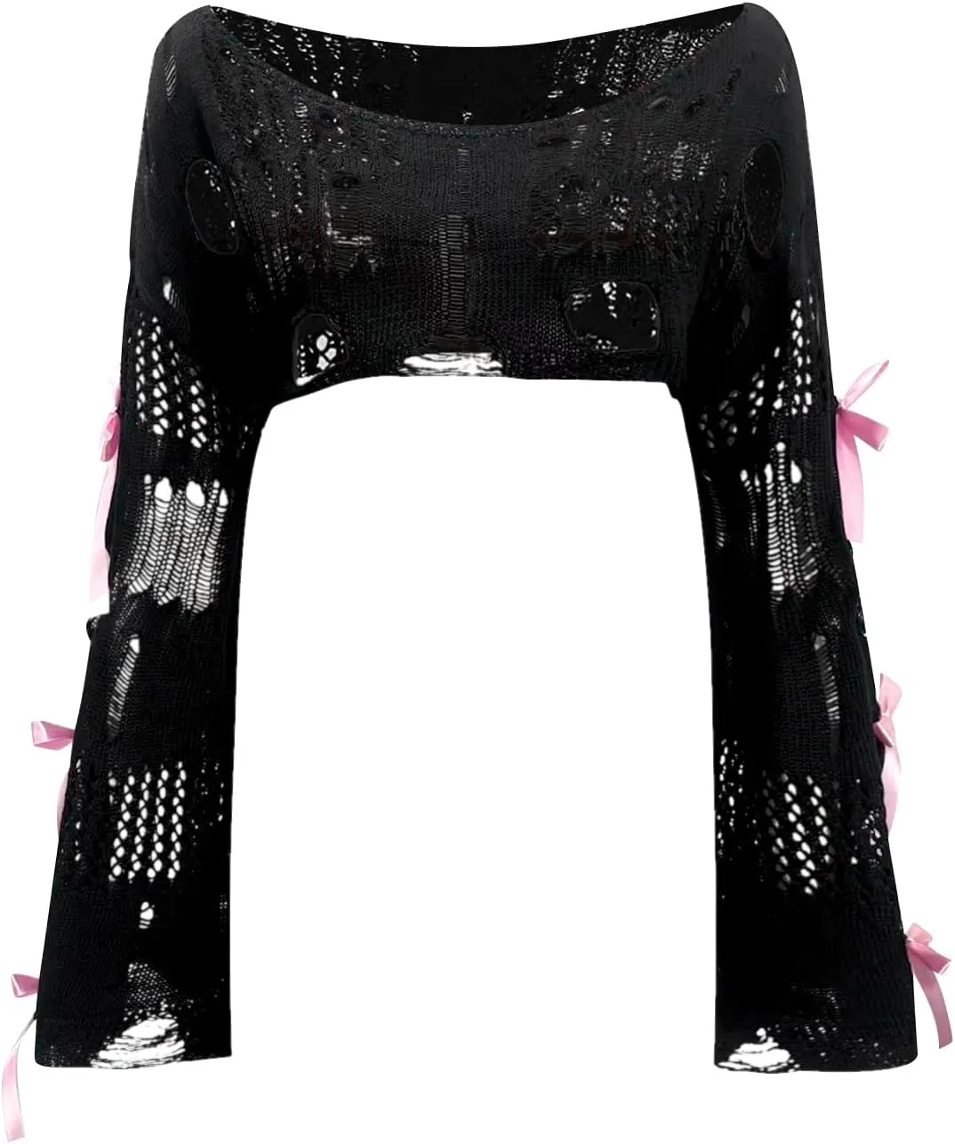 Women's Hollow Out Ripped Bow Sweater Bell Long Sleeve Cropped Crochet Shrug