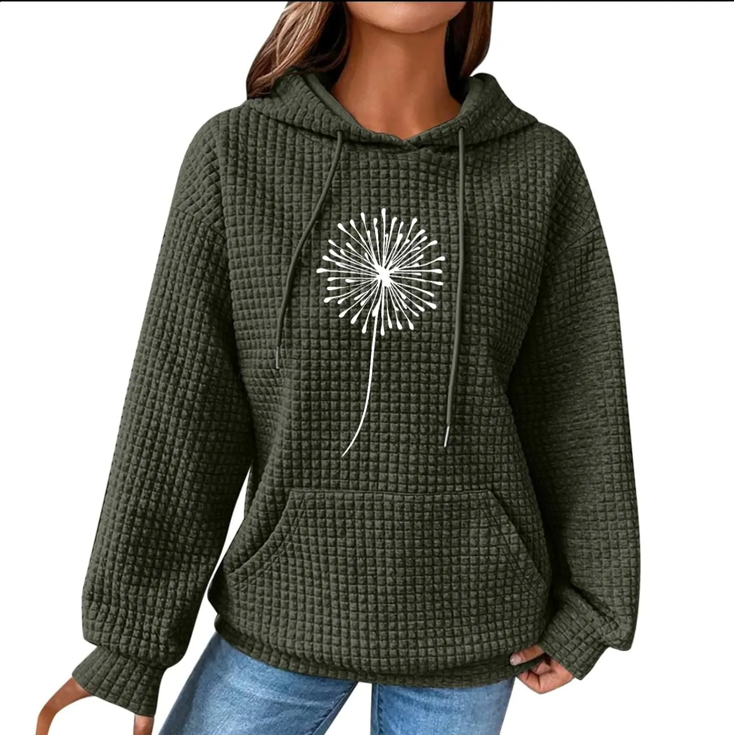 Womens Hoodies Fall Winter Waffle Knit Drawstring Cute Sweatshirts with Pocket Trendy Pullover