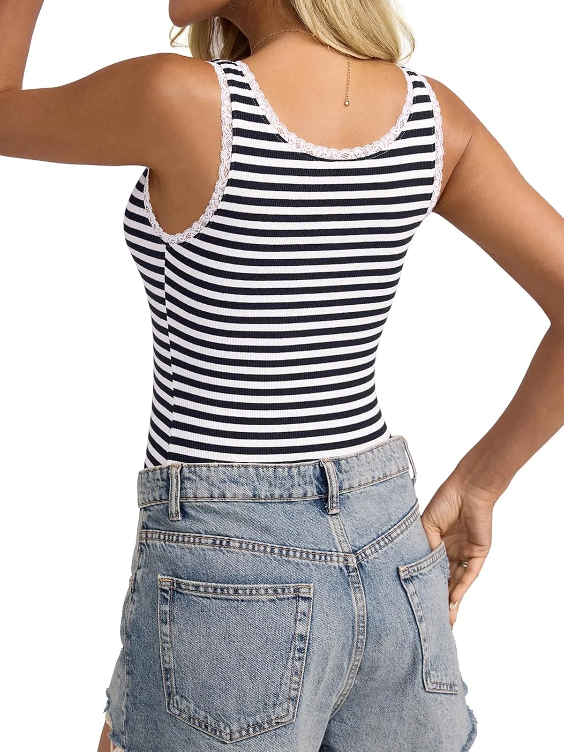 Womens Lace Trim Ribbed Tank Tops Scoop Neck Fitted Sleeveless Shirts Cute Going Out Camisole Solid Color and Striped