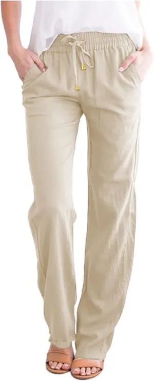 Womens Linen Summer Trendy Palazzo Lounge Pants Low Waist Bootcut Loose Fit Trousers Work Business