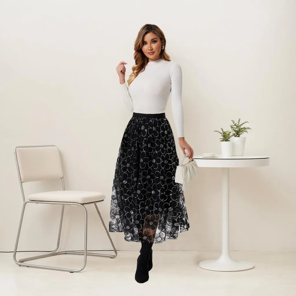 Women's Long Skirt Tulle Lace Tutu Sequin Floral Double-Layered Mesh Elastic High Waist Maxi Party