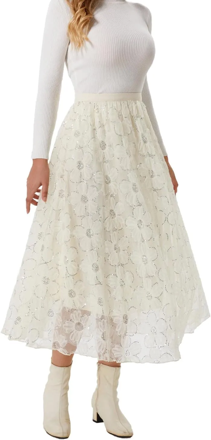Women's Long Skirt Tulle Lace Tutu Sequin Floral Double-Layered Mesh Elastic High Waist Maxi Party