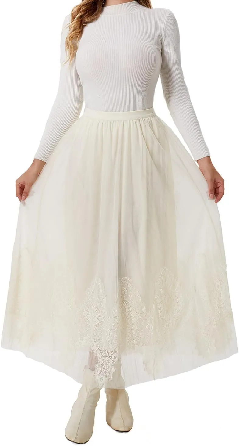 Women's Long Skirt Tulle Lace Tutu Sequin Floral Double-Layered Mesh Elastic High Waist Maxi Party