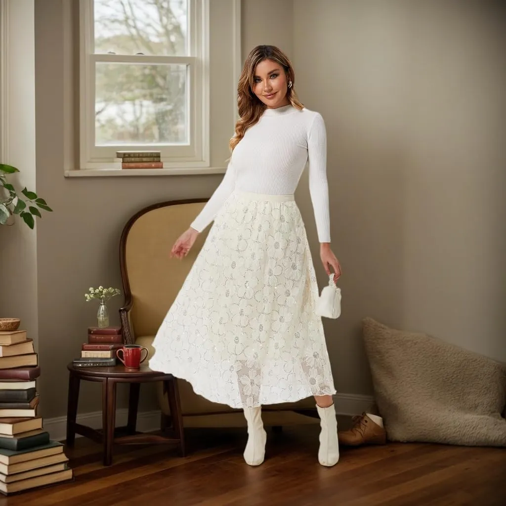 Women's Long Skirt Tulle Lace Tutu Sequin Floral Double-Layered Mesh Elastic High Waist Maxi Party