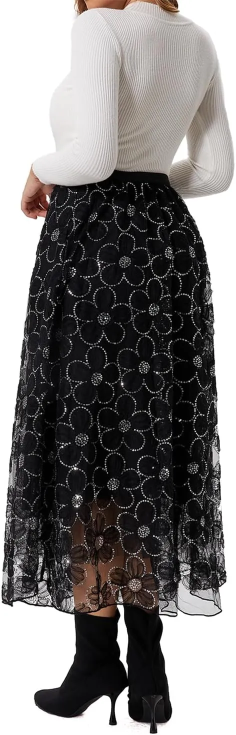 Women's Long Skirt Tulle Lace Tutu Sequin Floral Double-Layered Mesh Elastic High Waist Maxi Party