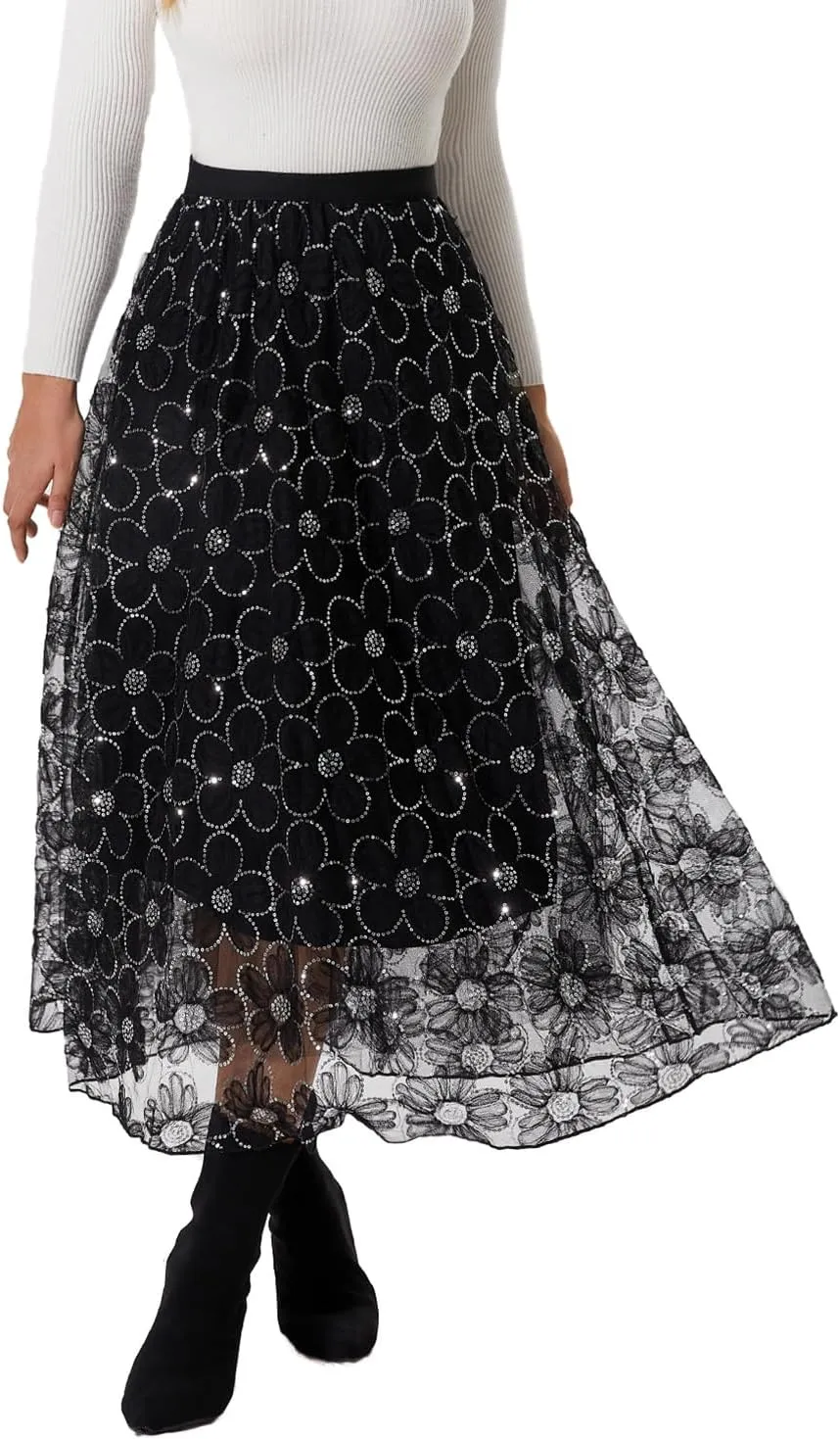 Women's Long Skirt Tulle Lace Tutu Sequin Floral Double-Layered Mesh Elastic High Waist Maxi Party
