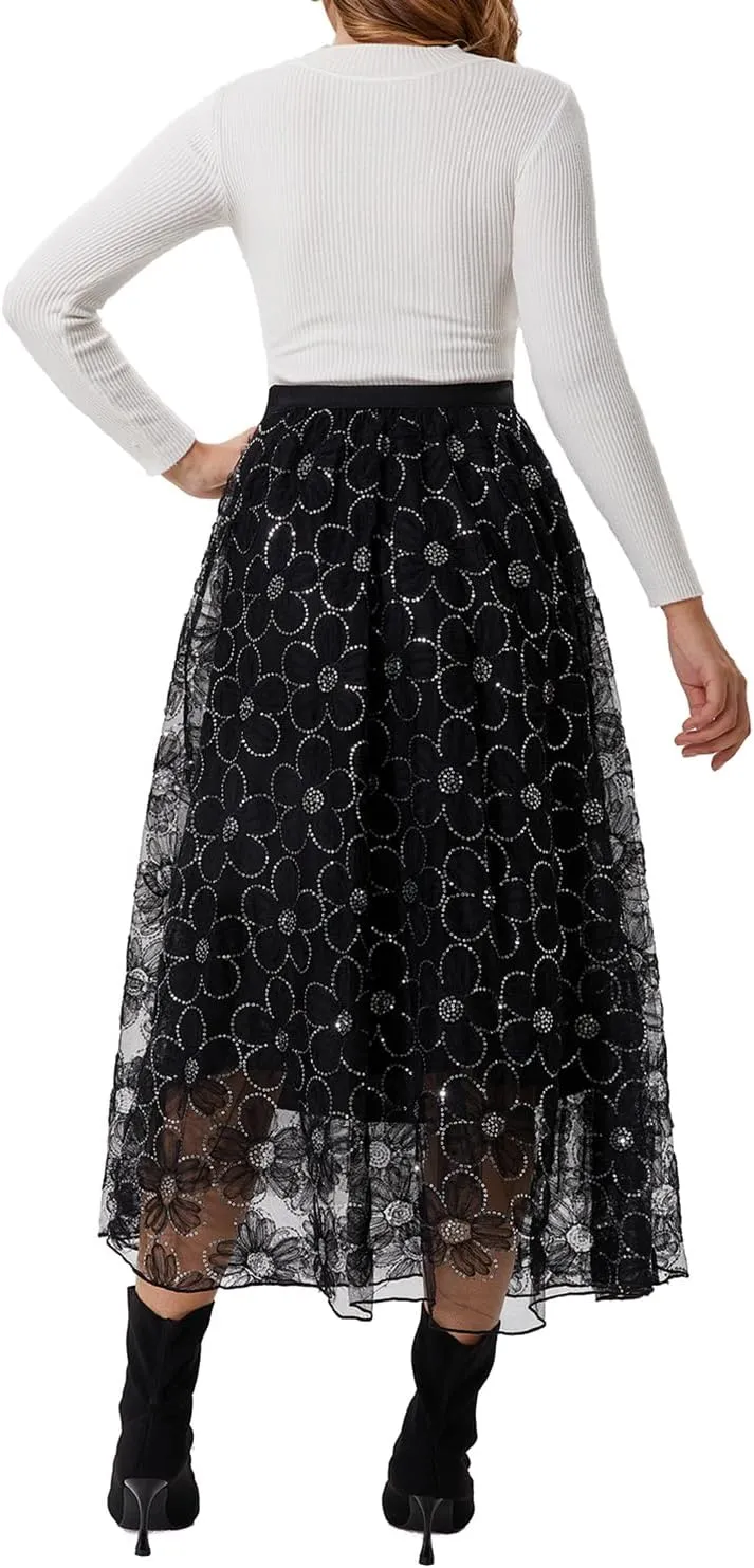 Women's Long Skirt Tulle Lace Tutu Sequin Floral Double-Layered Mesh Elastic High Waist Maxi Party